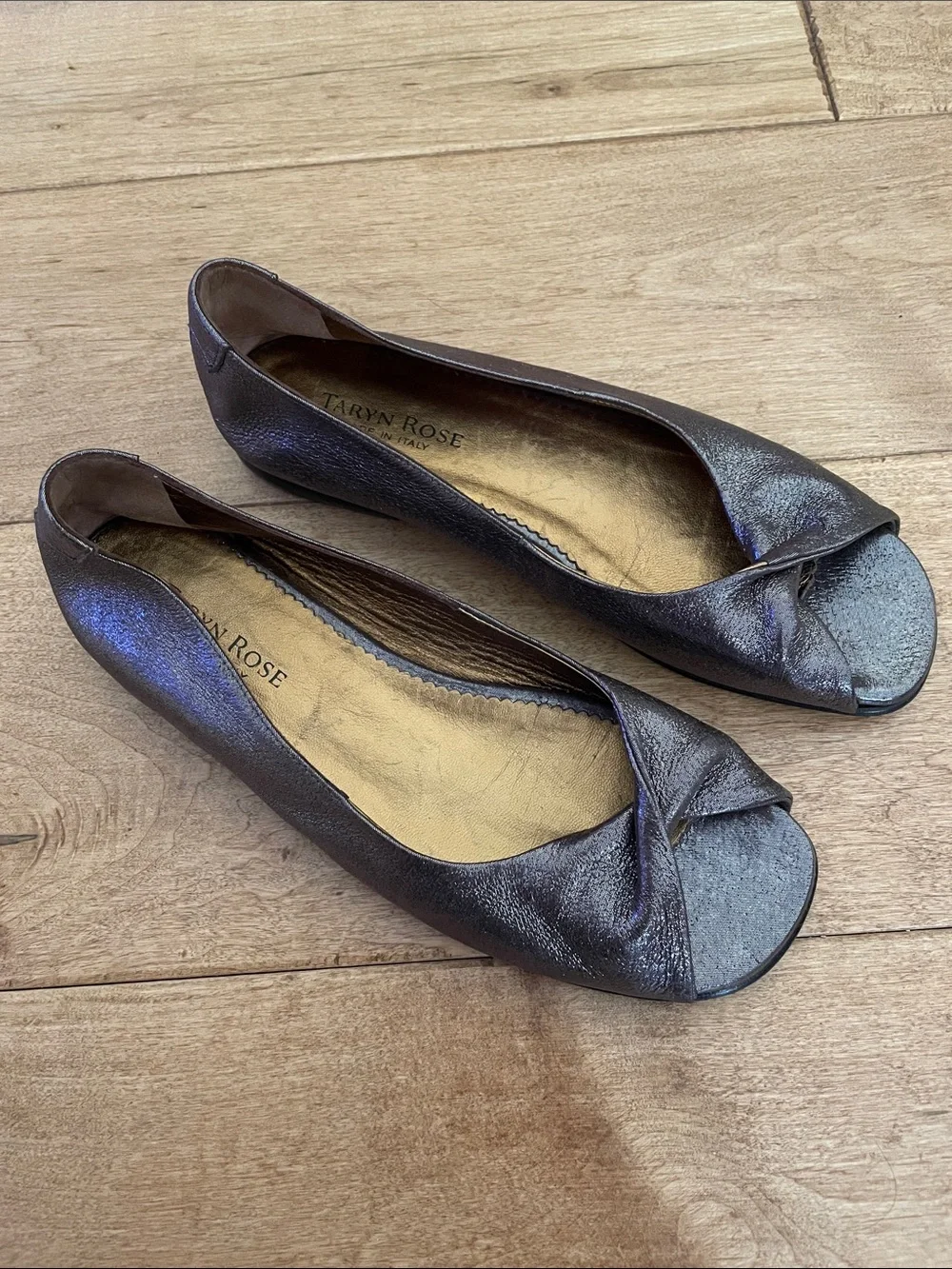 Taryn Rose Metallic Pewter Open-Toe Ballet Flats